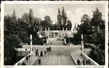 AK Erfurt Stadtpark mit Straßenbahnschienen