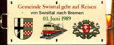 Miniatur Zuglaufschild Gemeinde Swisttal geht auf Reisen Bremen 1989