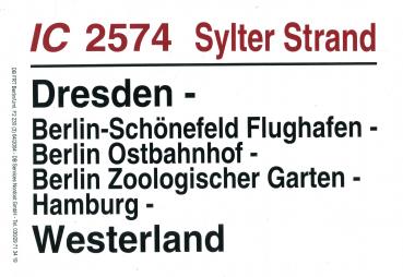 Zuglaufschild IC 2574 Sylter Strand Dresden – Berlin Zoo – Westerland