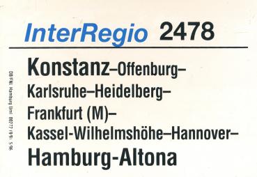 Zuglaufschild Inter Regio 2478 Konstanz – Hamburg-Altona