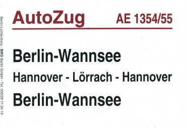 Zuglaufschild Auto Zug AE 1354 / 55 Berlin Wannsee – Lörrach