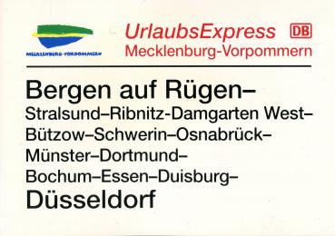 Zuglaufschild Urlaubs Express Mecklenburg Vorpommern Bergen auf Rügen – Düsseldorf