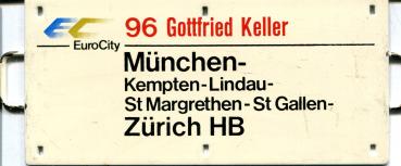 Miniatur Zuglaufschild EC 96 Gottfried Keller München – Zürich HB