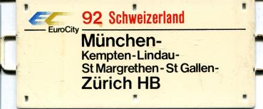 Miniatur Zuglaufschild EC 92 Schweizerland München – Zürich HB