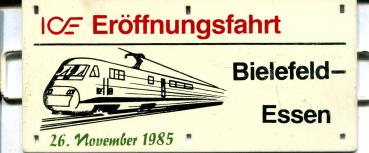 Miniatur Zuglaufschild ICE Eröffnungsfahrt Bielefeld – Essen 26.11.1985