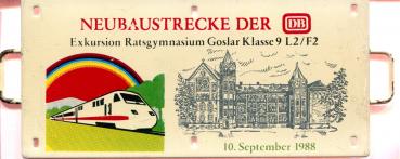 Miniatur Zuglaufschild Neubaustrecke der DB Exkursion Ratsgymnasium Goslar 10.09.1988