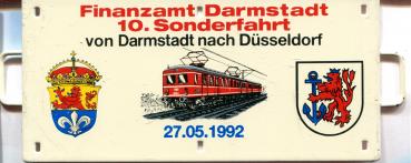 Miniatur Zuglaufschild Finanzamt Darmstadt 10. Sonderfahrt Darmstadt – Düsseldorf 27.05.1992