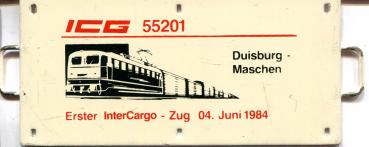 Miniatur Zuglaufschild ICG 55201 Duisburg – Maschen Erster InterCargo-Zug 04.06.1984