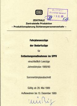 Fahrplanauszüge der Bedarfszüge für Entlastungsmaßnahmen in SPFV mai – Dezember 1989