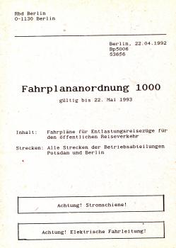 Fahrplanordnung 1000 Rbd Berlin 1992 / 1993 Entlastungsreisezüge