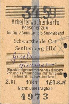 Arbeiterwochenkarte Schwarzheide Ost Senftenberg Hbf