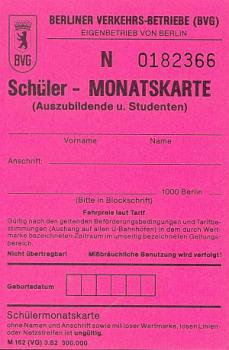 BVG Schüler Monatskarte Trägerkarte