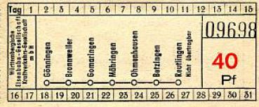 Fahrschein WEG Gönningen - Reutlingen 40 Pf