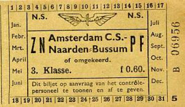 Fahrschein Amsterdam - Naarden = Bussum 3. Klasse