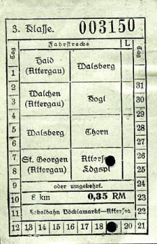 Fahrschein Vöcklamarkt  Attersee 3. Kl 0,35 RM