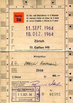 Fahrkarte 10 Fahrten Zürich St. Gallen 1964