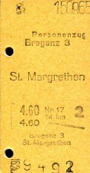 Fahrkarte Bregenz - St. Margrethen 1965