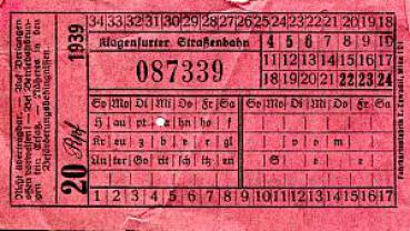 Fahrschein Straßenbahn Klagenfurt 20 Rpf von 1939