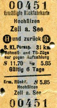 ÖBB Fahrkarte Fochfilzen - Zell am See 3. Kl 1956