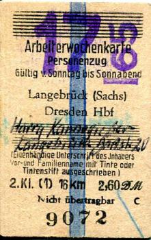 Arbeiterwochenkarte Langebrück - Dresden 1965