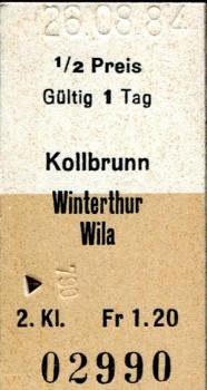 Fahrkarte Kollbrunn Winterthur Wila 1/2 Preis