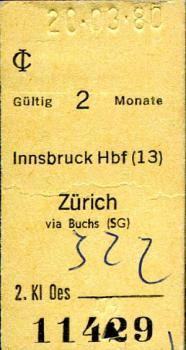 Fahrkarte Innsbruck - Zürich 1980