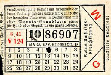 Fahrschein BVG Berlin für Monatsgrundkarte 10 Pfg. 1941