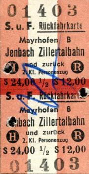 S u. F Rückfahrkarte Mayrhofen - Jenbach Zillertalbahn 1963