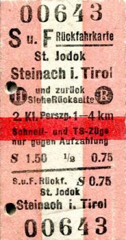 S u F Rückfahrkarte St Jodok - Steinach i Tirol 1956