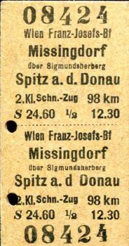 Fahrkarte Wien Franz Josefs Bahnhof - Missingdorf Spitz Donau