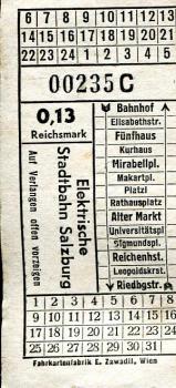 Fahrschein Elektrische Stadtbahn Salzburg 0,13 RM