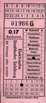 Fahrschein Elektrische Stadtbahn Salzburg 0,17 RM