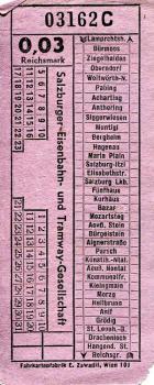 Fahrschein Salzburger Eisenbahn und Tramway Gesellschaft 0,03 RM