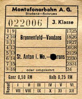 Fahrschein Montafonerbahn Bludenz - Schrunz - Brunnenfeld - Vand