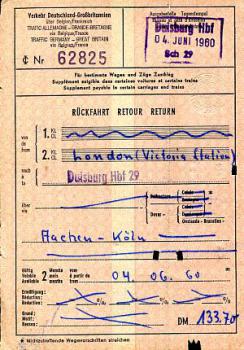 Fahrschein London - Duisburg über Aachen 1960