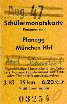 Schülermonatskarte Planegg - München HBF 3. Klasse 6,20 RM