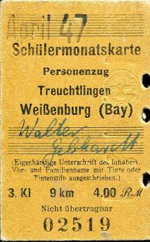 Schülermonatskarte 3. Klasse Treuchtlingen - Wießenburg 4,00 RM