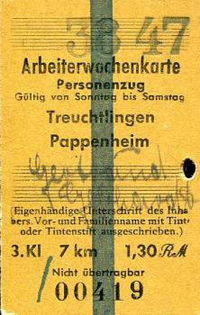 Arbeiterwochenkarte Treuchtlingen - Pappenheim 3. Klasse 1,30 RM