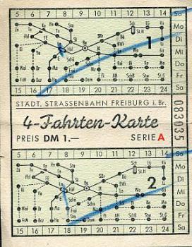 Städt.Strassenbahn Freiburg 4 Fahrten 1 DM