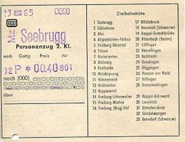 Fahrschein Personenzug 2. Kl. Seebrugg 0,40 DM