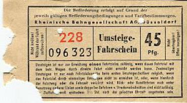 Umsteigefahrschein Rh. Bahngesellschaft AG Düsseldorf 45 Pfg.