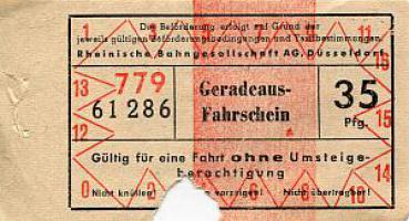 Geradeaus-Fahrschein Rh. Bahngesellschaft AG Düsseldorf 35 Pfg.