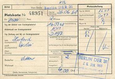 Platzkarte Bundesbahn zwei Personen 2. Klasse von Herford nach B