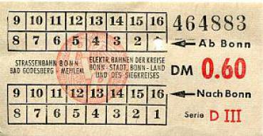 Fahrschein Straßenbahn Bonn Bad Godesberg Mehlem 0,60 DM