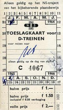 NS Nederlandse Spoorwegen Zuschlagkarte für D-Züge 1963