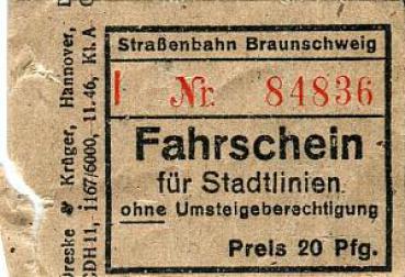 Fahrschein Straßenbahn Braunschweig 20 Pfg.