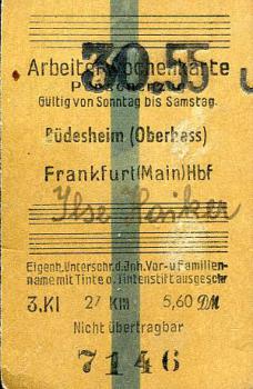 Arbeiterwochenkarte Rüdesheim Frankfurt Main Hbf 3. Klasse 1955