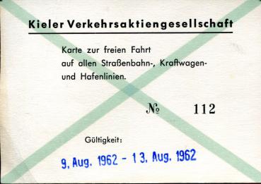 Freifahrkarte Straßenbahn / Kraftwagen Kiel 1962