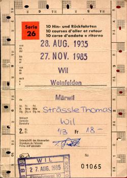 Fahrschein für 10 Hin- und Rückfahrkarten Wil – Weinfelden – Märwil 1985
