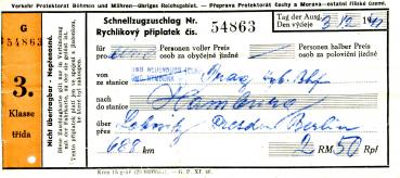 Schnellzugzuschlag Böhmen Mähren Prag – Hamburg 3. Klasse 1941